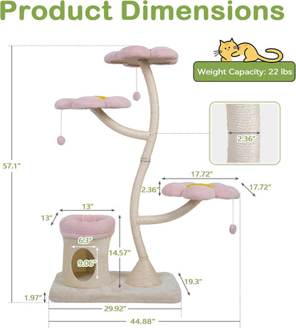 57" Heavy Duty Cat Tree for Large Cats, Aesthetic Pink Metal Tube Cat Tower with Large Condo & Flower Perches, Multi-Level Indoor Cat House with Scratching Post