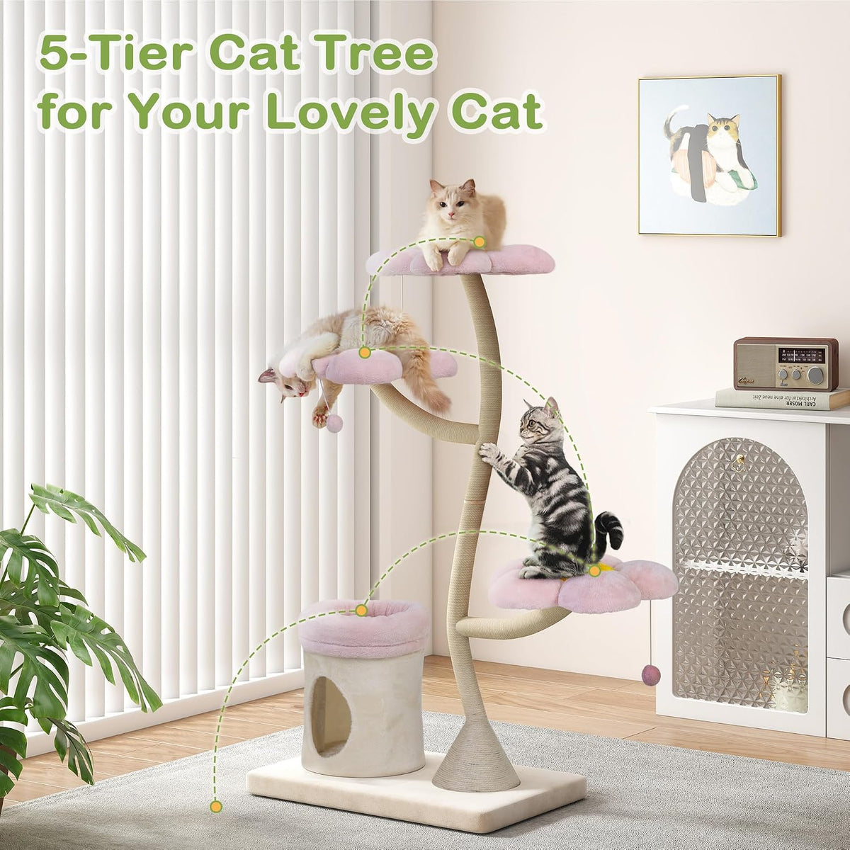 57" Heavy Duty Cat Tree for Large Cats, Aesthetic Pink Metal Tube Cat Tower with Large Condo & Flower Perches, Multi-Level Indoor Cat House with Scratching Post