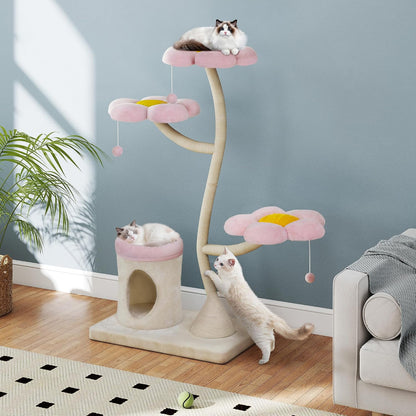 57" Heavy Duty Cat Tree for Large Cats, Aesthetic Pink Metal Tube Cat Tower with Large Condo & Flower Perches, Multi-Level Indoor Cat House with Scratching Post