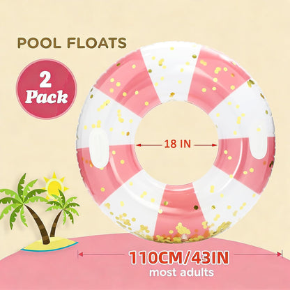 Large Inflatable Pool Floats with Handles for Adults- Pool Floaties Pool Tubes Swim Rings with Gold Sequins Inflatable Pool Float for Swimming Pool Party Lake Beach Adults