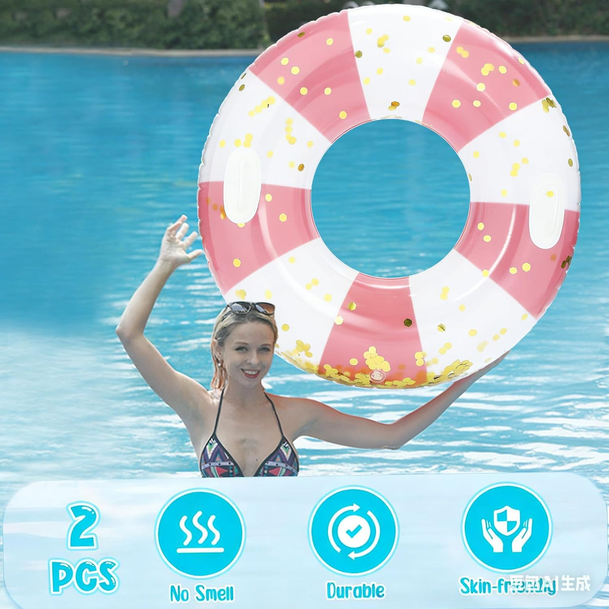 Large Inflatable Pool Floats with Handles for Adults- Pool Floaties Pool Tubes Swim Rings with Gold Sequins Inflatable Pool Float for Swimming Pool Party Lake Beach Adults