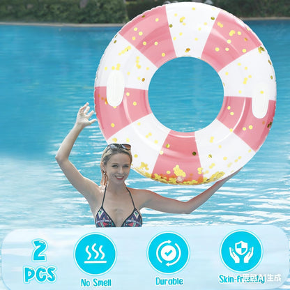 Large Inflatable Pool Floats with Handles for Adults- Pool Floaties Pool Tubes Swim Rings with Gold Sequins Inflatable Pool Float for Swimming Pool Party Lake Beach Adults