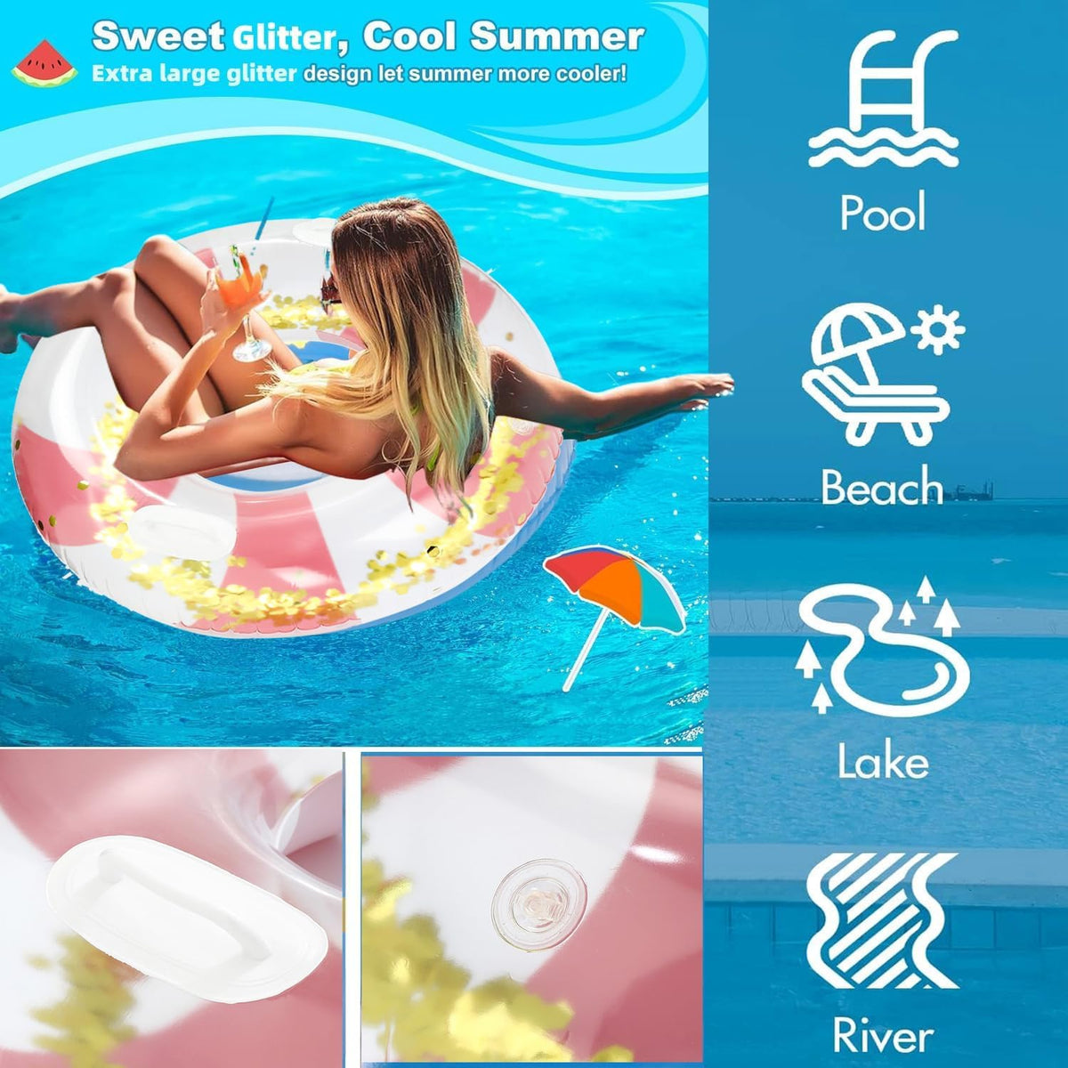 Large Inflatable Pool Floats with Handles for Adults- Pool Floaties Pool Tubes Swim Rings with Gold Sequins Inflatable Pool Float for Swimming Pool Party Lake Beach Adults