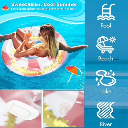 Large Inflatable Pool Floats with Handles for Adults- Pool Floaties Pool Tubes Swim Rings with Gold Sequins Inflatable Pool Float for Swimming Pool Party Lake Beach Adults