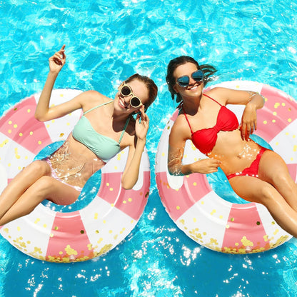 Large Inflatable Pool Floats with Handles for Adults- Pool Floaties Pool Tubes Swim Rings with Gold Sequins Inflatable Pool Float for Swimming Pool Party Lake Beach Adults