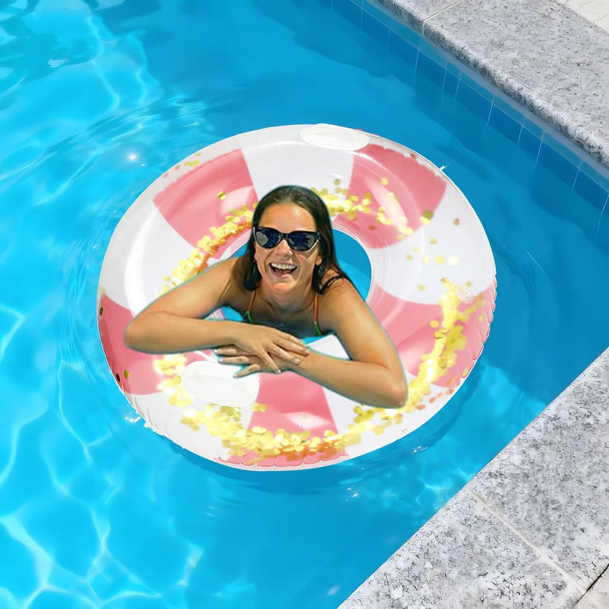 Large Inflatable Pool Floats with Handles for Adults- Pool Floaties Pool Tubes Swim Rings with Gold Sequins Inflatable Pool Float for Swimming Pool Party Lake Beach Adults