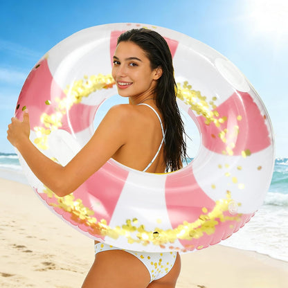 Large Inflatable Pool Floats with Handles for Adults- Pool Floaties Pool Tubes Swim Rings with Gold Sequins Inflatable Pool Float for Swimming Pool Party Lake Beach Adults