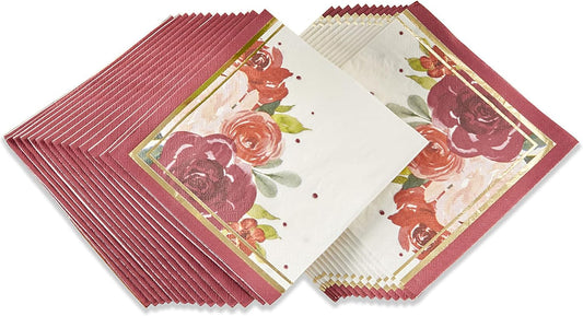 Kate Aspen Burgundy Blush Floral Paper Napkins, Thick Decorative Dinner Napkins, Luncheon Serveware, Perfect for Wedding Reception Or Bridal Shower,Gold and burgundy