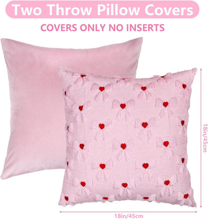 Pink Pillow Cover with Bow Heart 2 Set Valentine's Day Pillowcase 18x18in