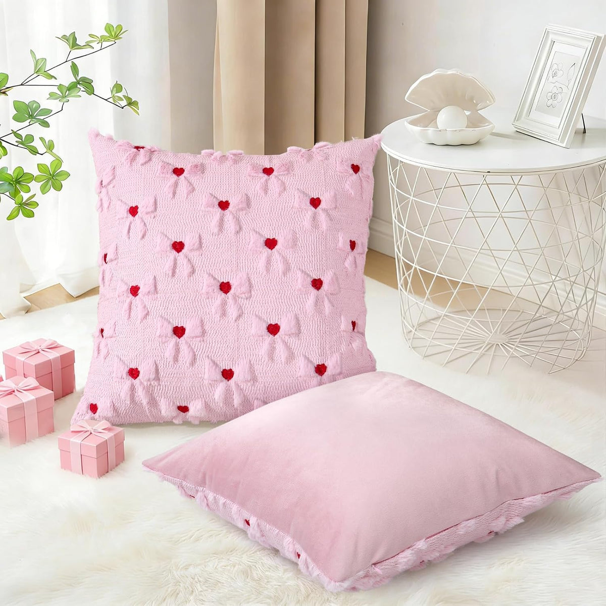 Pink Pillow Cover with Bow Heart 2 Set Valentine's Day Pillowcase 18x18in