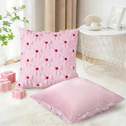 Pink Pillow Cover with Bow Heart 2 Set Valentine's Day Pillowcase 18x18in