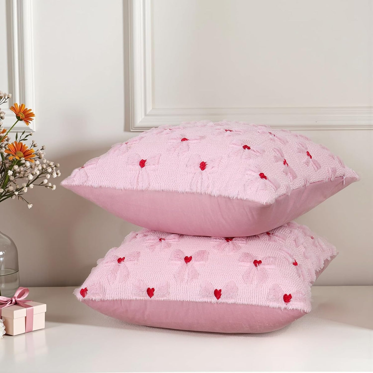 Pink Pillow Cover with Bow Heart 2 Set Valentine's Day Pillowcase 18x18in