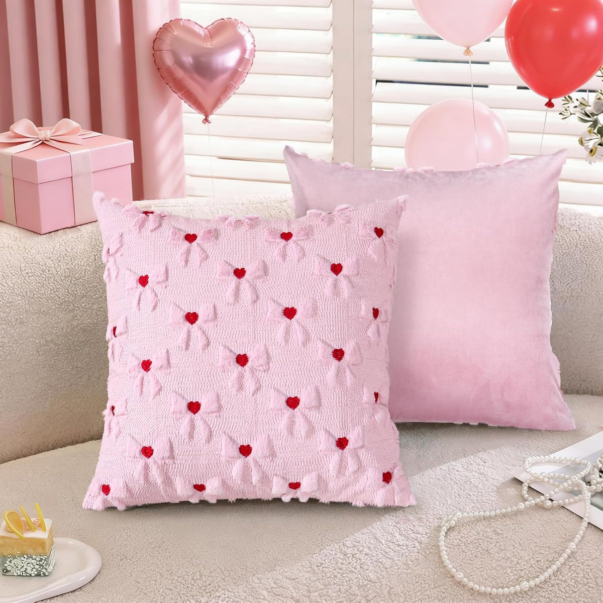 Pink Pillow Cover with Bow Heart 2 Set Valentine's Day Pillowcase 18x18in