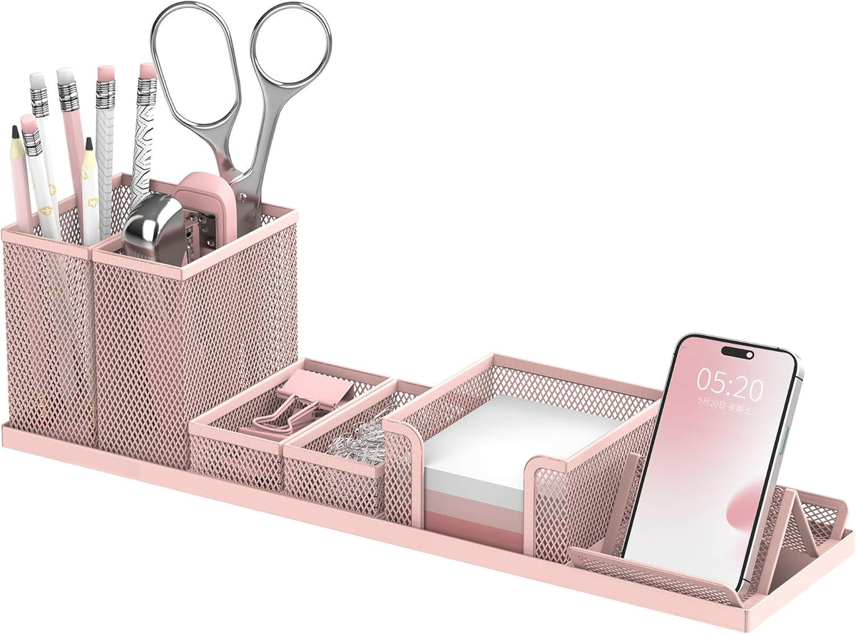 Pen Holder for Desk, 6-Piece Mesh Desk Organizer with Phone Holder, Pink