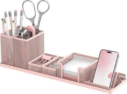Pen Holder for Desk, 6-Piece Mesh Desk Organizer with Phone Holder, Pink