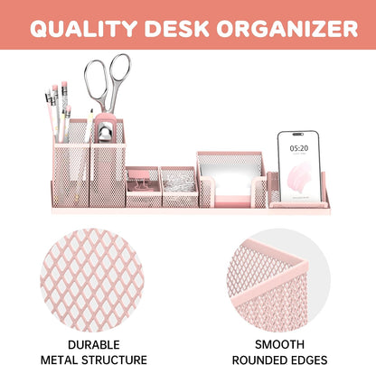 Pen Holder for Desk, 6-Piece Mesh Desk Organizer with Phone Holder, Pink