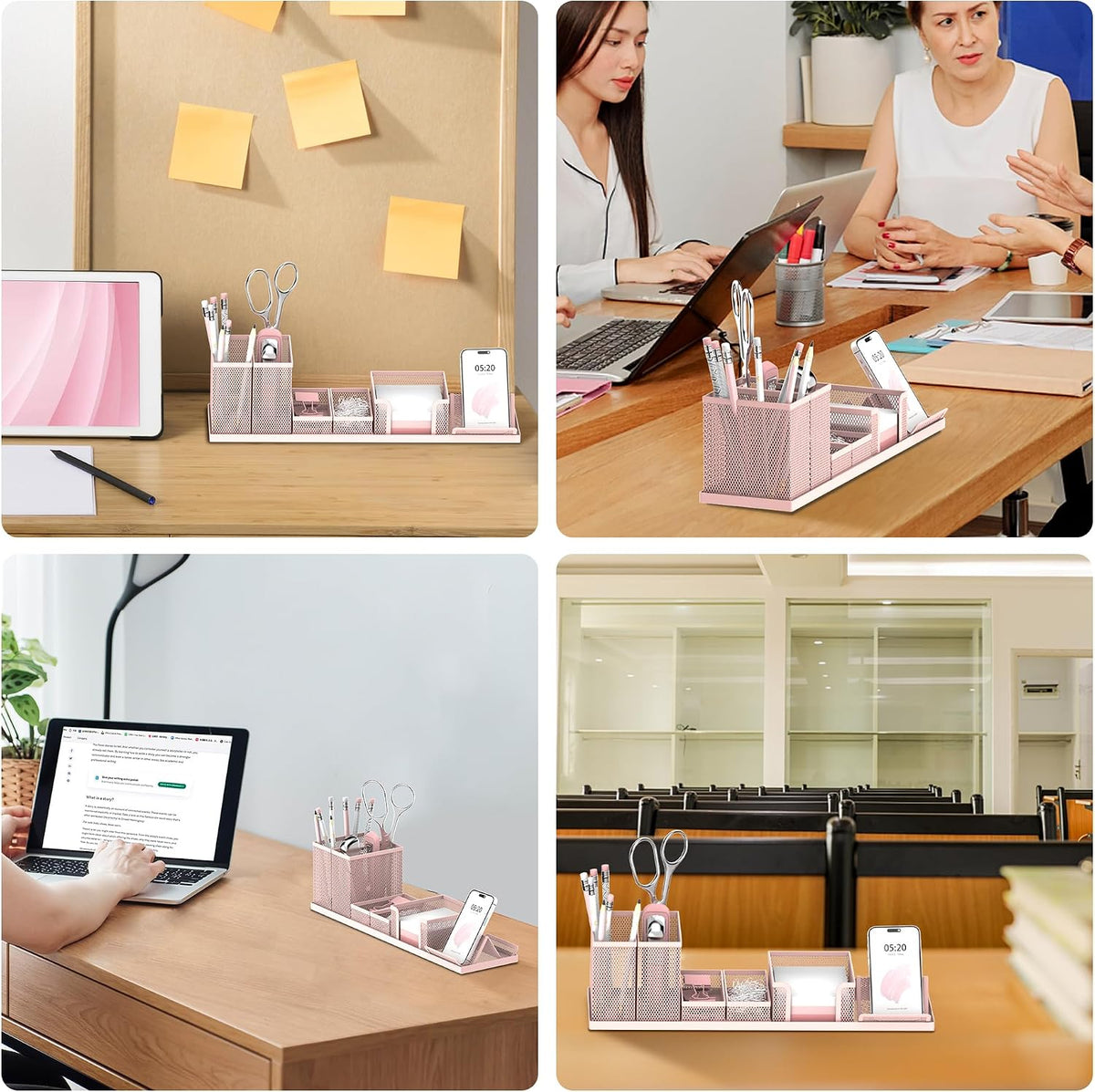 Pen Holder for Desk, 6-Piece Mesh Desk Organizer with Phone Holder, Pink