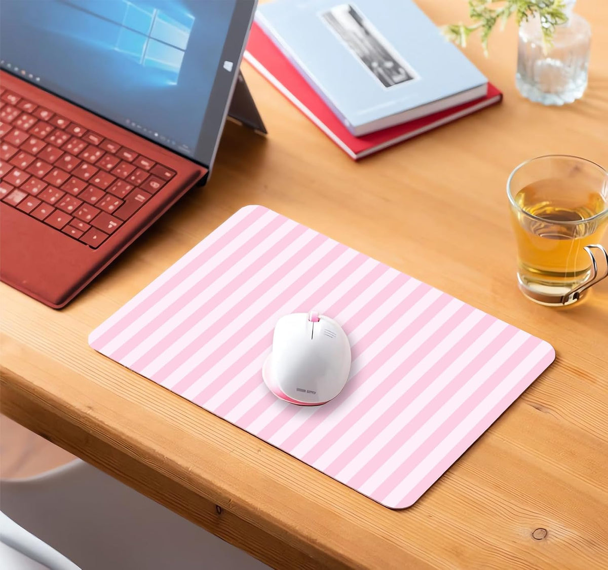 Square Light Pink Mouse Pad Small, Cute Pastel Striped Computer Mouse Pads, Non-Slip Rubber Base Aesthetic Mousepad Washable Cloth, Mouse Mat Decor Gifts, Coworker Gift for Girls Kids