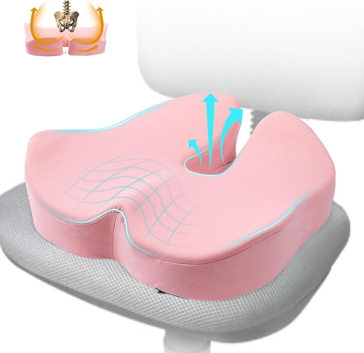 X Large Memory Foam Seat Cushion for Office Chair, Sciatica Support, Pink