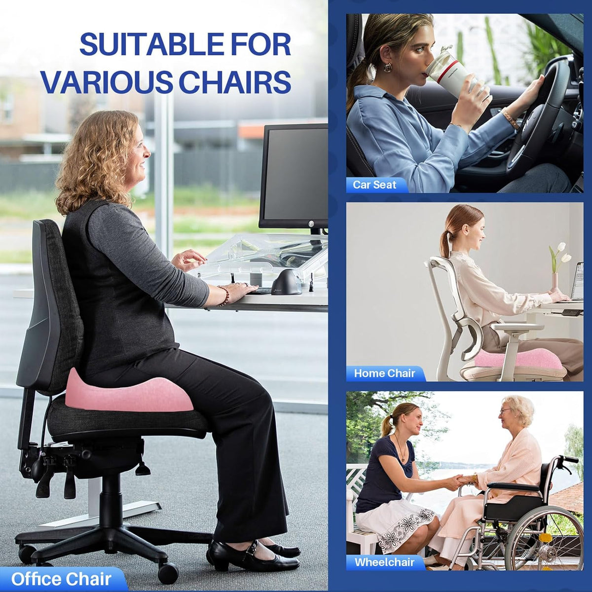 X Large Memory Foam Seat Cushion for Office Chair, Sciatica Support, Pink