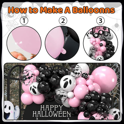Halloween Balloon Arch Kit, Black Pink Balloons Garland Arch Kit with Large Ghost and BOO Foil Balloon, Eyes Bat Ghost Printed White Balloons For Halloween Decorations Home Garden Party Supplies