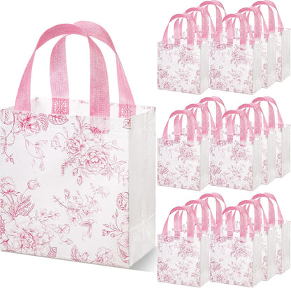 16 Pcs Pink Floral Gift Bags with Handles, Reusable Non-woven Tote Bags, Cute Flower Party Favor for Women, Wedding, Birthday, Baby Shower, Bridal Shower