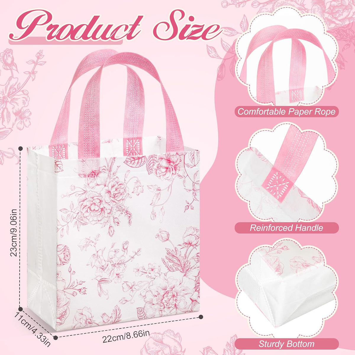 16 Pcs Pink Floral Gift Bags with Handles, Reusable Non-woven Tote Bags, Cute Flower Party Favor for Women, Wedding, Birthday, Baby Shower, Bridal Shower