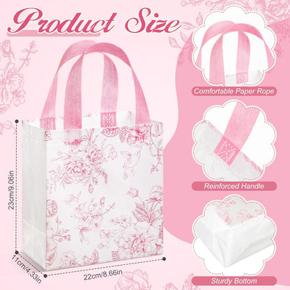 16 Pcs Pink Floral Gift Bags with Handles, Reusable Non-woven Tote Bags, Cute Flower Party Favor for Women, Wedding, Birthday, Baby Shower, Bridal Shower