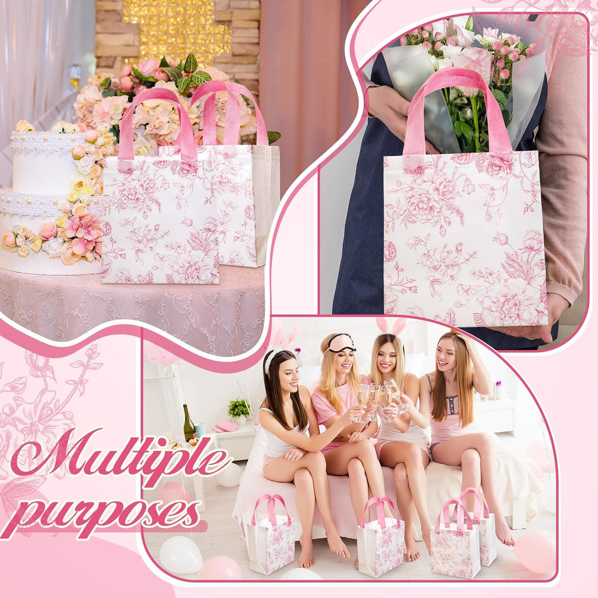 16 Pcs Pink Floral Gift Bags with Handles, Reusable Non-woven Tote Bags, Cute Flower Party Favor for Women, Wedding, Birthday, Baby Shower, Bridal Shower