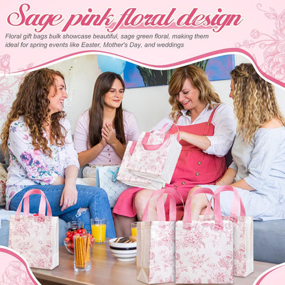 16 Pcs Pink Floral Gift Bags with Handles, Reusable Non-woven Tote Bags, Cute Flower Party Favor for Women, Wedding, Birthday, Baby Shower, Bridal Shower