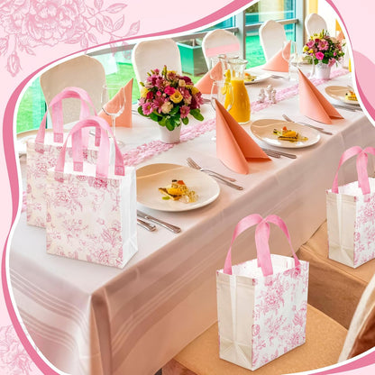 16 Pcs Pink Floral Gift Bags with Handles, Reusable Non-woven Tote Bags, Cute Flower Party Favor for Women, Wedding, Birthday, Baby Shower, Bridal Shower