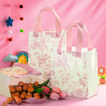 16 Pcs Pink Floral Gift Bags with Handles, Reusable Non-woven Tote Bags, Cute Flower Party Favor for Women, Wedding, Birthday, Baby Shower, Bridal Shower