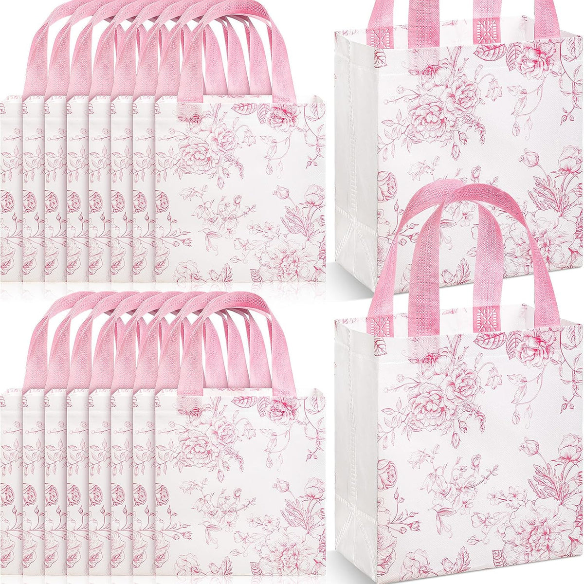 16 Pcs Pink Floral Gift Bags with Handles, Reusable Non-woven Tote Bags, Cute Flower Party Favor for Women, Wedding, Birthday, Baby Shower, Bridal Shower