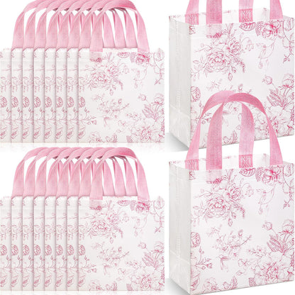 16 Pcs Pink Floral Gift Bags with Handles, Reusable Non-woven Tote Bags, Cute Flower Party Favor for Women, Wedding, Birthday, Baby Shower, Bridal Shower