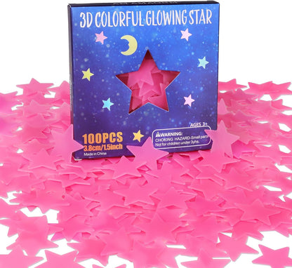 100pcs Glow in The Dark Luminous Stars Fluorescent Noctilucent Plastic Wall Stickers Murals Decals for Home Art Decor Nursery Ceiling Wall Decorate Kids Babys Bedroom Room Pink