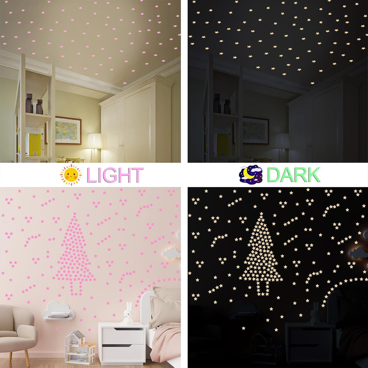 100pcs Glow in The Dark Luminous Stars Fluorescent Noctilucent Plastic Wall Stickers Murals Decals for Home Art Decor Nursery Ceiling Wall Decorate Kids Babys Bedroom Room Pink