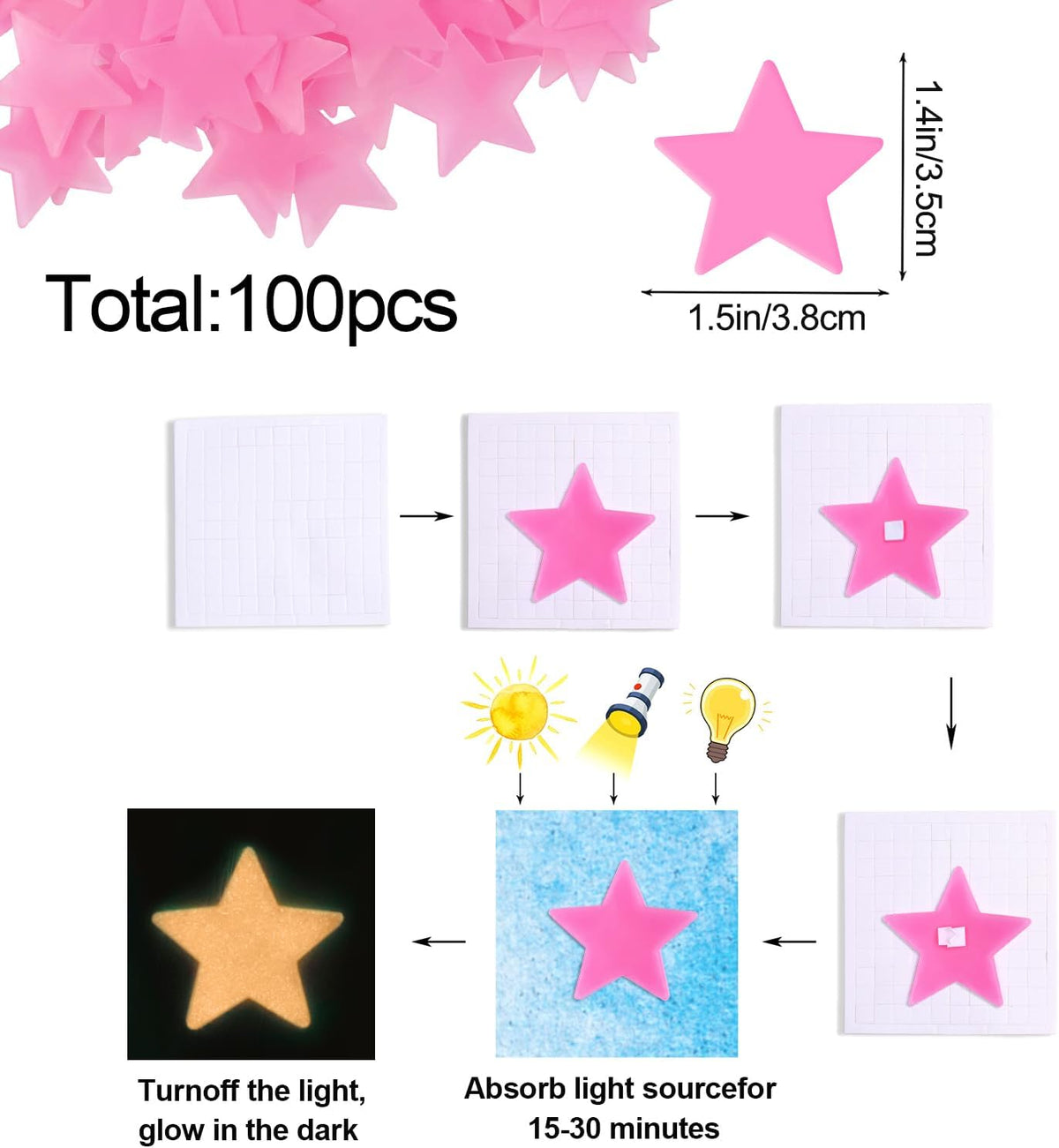 100pcs Glow in The Dark Luminous Stars Fluorescent Noctilucent Plastic Wall Stickers Murals Decals for Home Art Decor Nursery Ceiling Wall Decorate Kids Babys Bedroom Room Pink