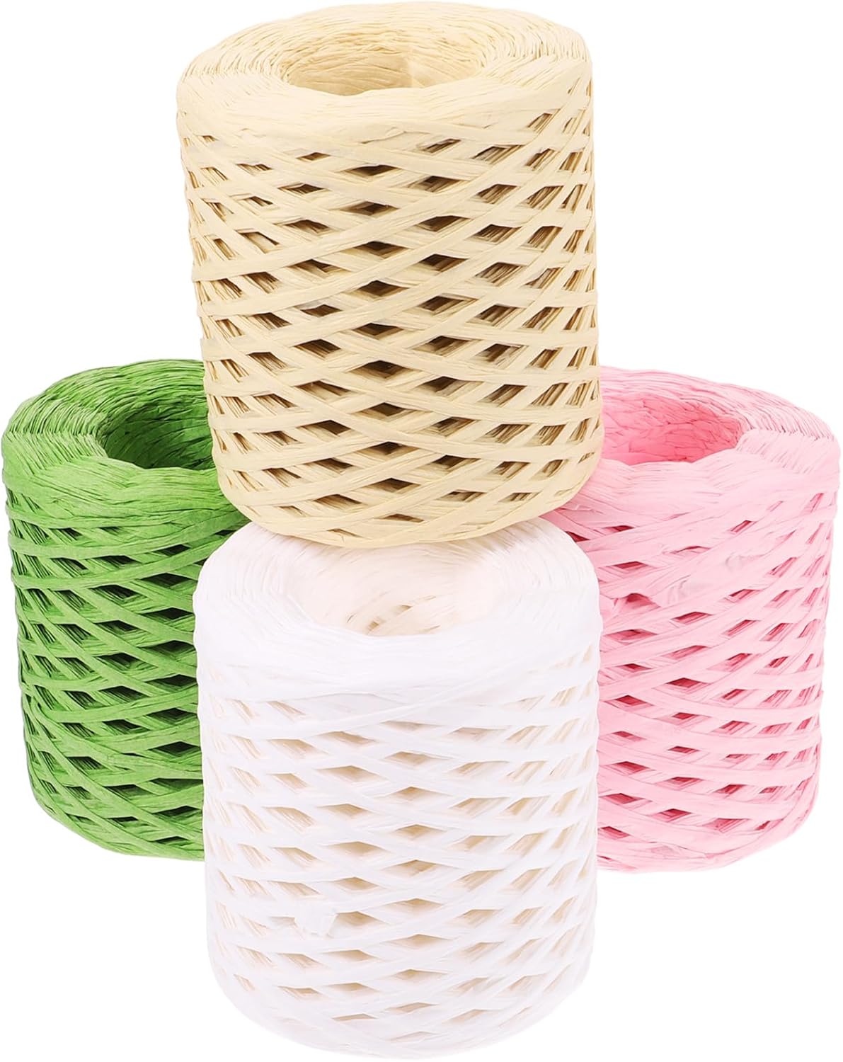 4 Rolls Raffia Ribbon Wrapping Twine Pack, Multi-Color (, Grass Green, Natural Beige, Peach) Craft Ribbon Supply for Holiday and Christmas Packing
