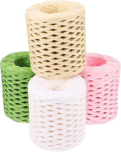 4 Rolls Raffia Ribbon Wrapping Twine Pack, Multi-Color (, Grass Green, Natural Beige, Peach) Craft Ribbon Supply for Holiday and Christmas Packing