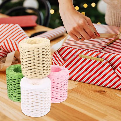 4 Rolls Raffia Ribbon Wrapping Twine Pack, Multi-Color (, Grass Green, Natural Beige, Peach) Craft Ribbon Supply for Holiday and Christmas Packing