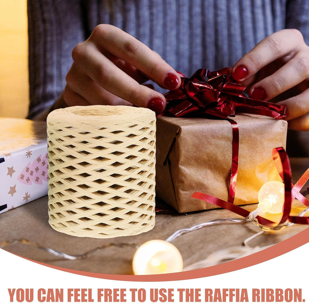 4 Rolls Raffia Ribbon Wrapping Twine Pack, Multi-Color (, Grass Green, Natural Beige, Peach) Craft Ribbon Supply for Holiday and Christmas Packing