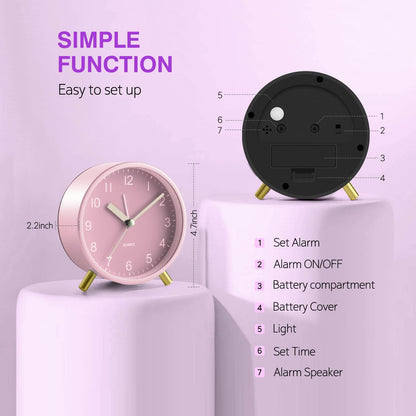 Silent Analog Quartz Kids Alarm Clock, Round Metal, Night Light