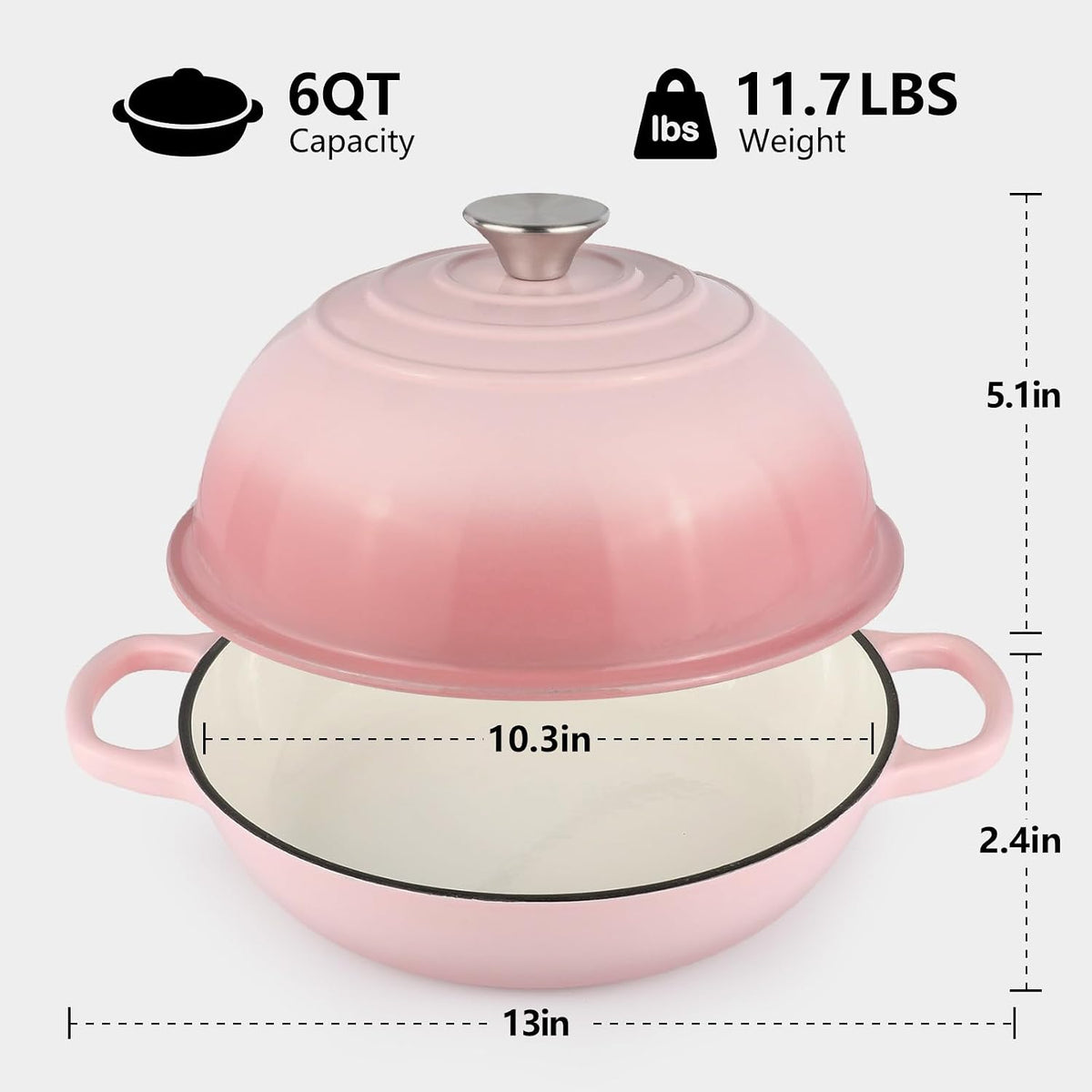 6QT Bread Dutch Oven Pot with Lid Enameled Cast Iron Dutch Oven Pink