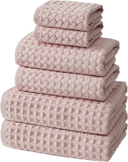 6 Piece Pink Bath Towels Set Cotton Waffle Bathroom Towels