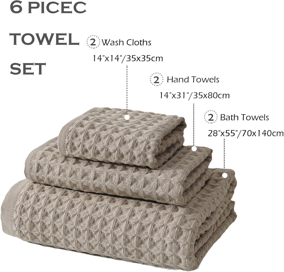 6 Piece Pink Bath Towels Set Cotton Waffle Bathroom Towels