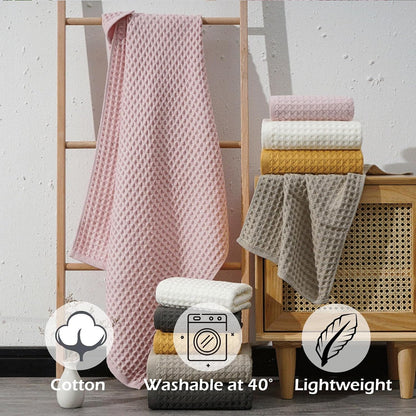 6 Piece Pink Bath Towels Set Cotton Waffle Bathroom Towels