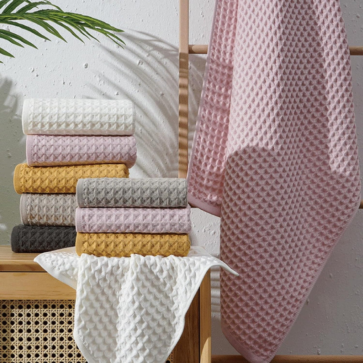 6 Piece Pink Bath Towels Set Cotton Waffle Bathroom Towels