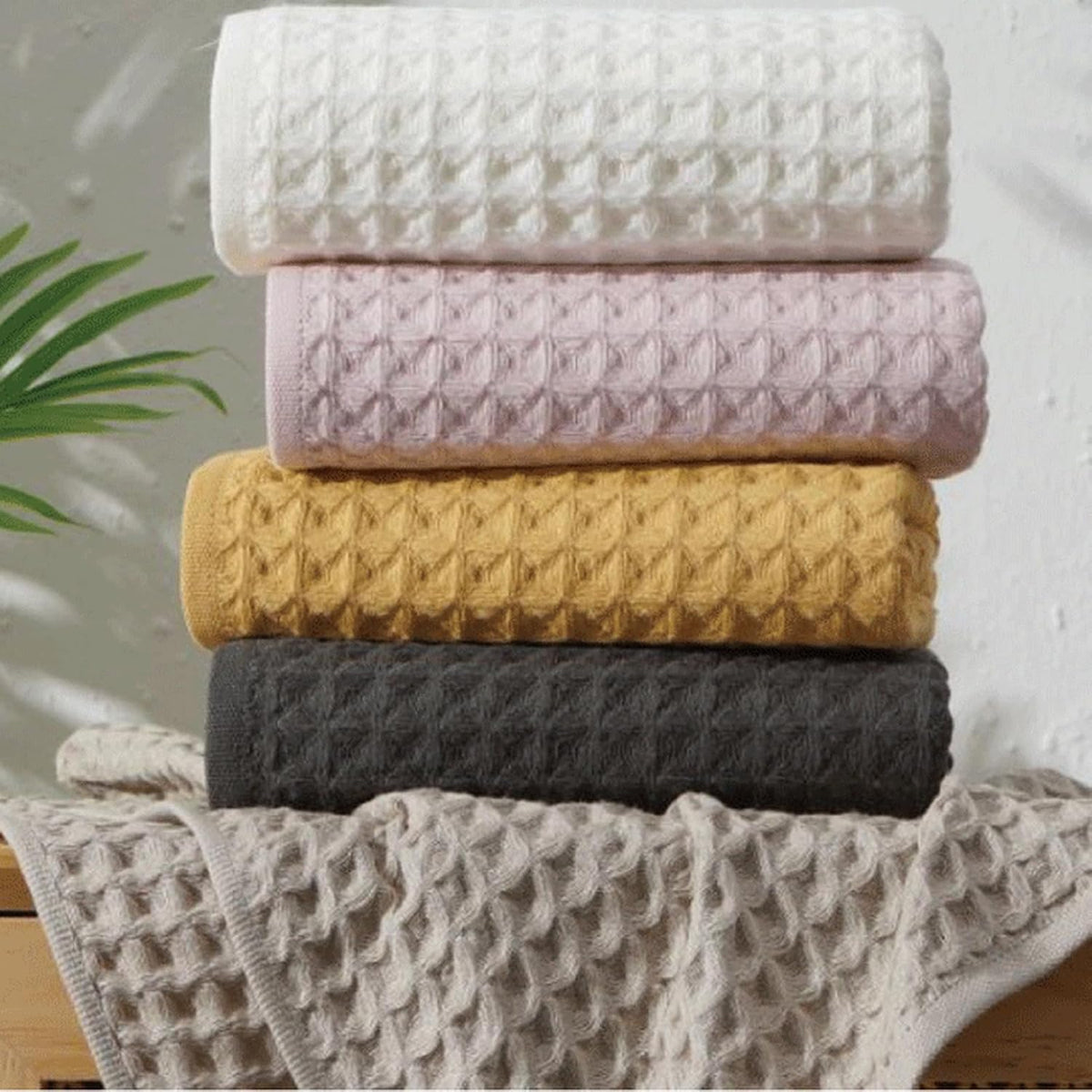 6 Piece Pink Bath Towels Set Cotton Waffle Bathroom Towels
