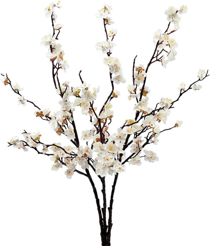 Artificial Plum Blossom Flowers 3pcs Faux Cherry Blossom Flower Silk Peach Flowers Plum Blossom Branches for Spring Summer Decor Home Wedding Party Table Centerpieces(White)