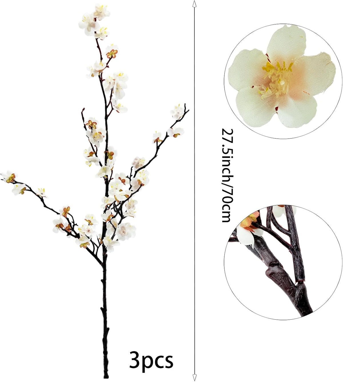 Artificial Plum Blossom Flowers 3pcs Faux Cherry Blossom Flower Silk Peach Flowers Plum Blossom Branches for Spring Summer Decor Home Wedding Party Table Centerpieces(White)